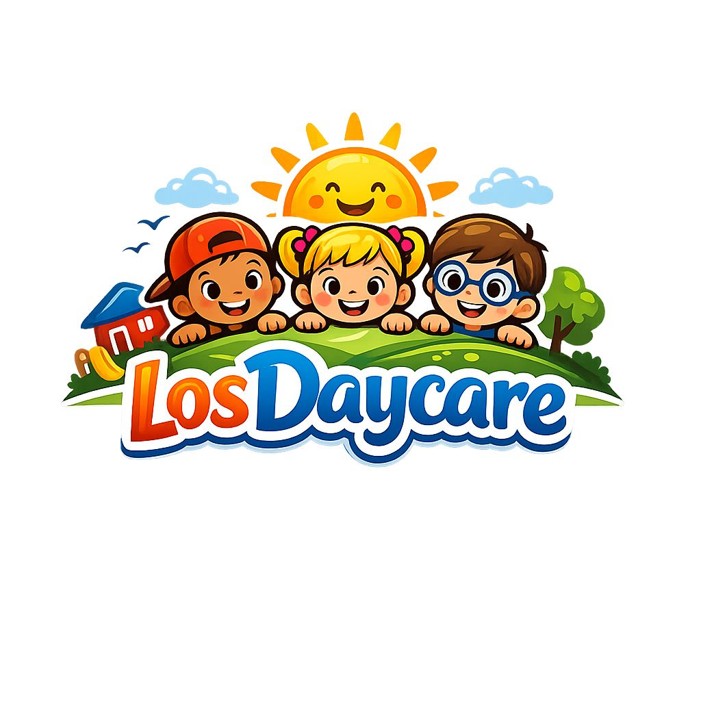 LOS DayCare illustrated logo with smiling children and sunshine